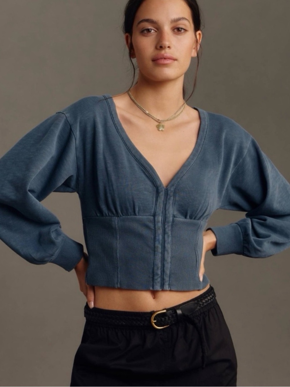 Anthropologie Pilcro Washed Slate Blue V-Neck Ribbed Waist Sweater